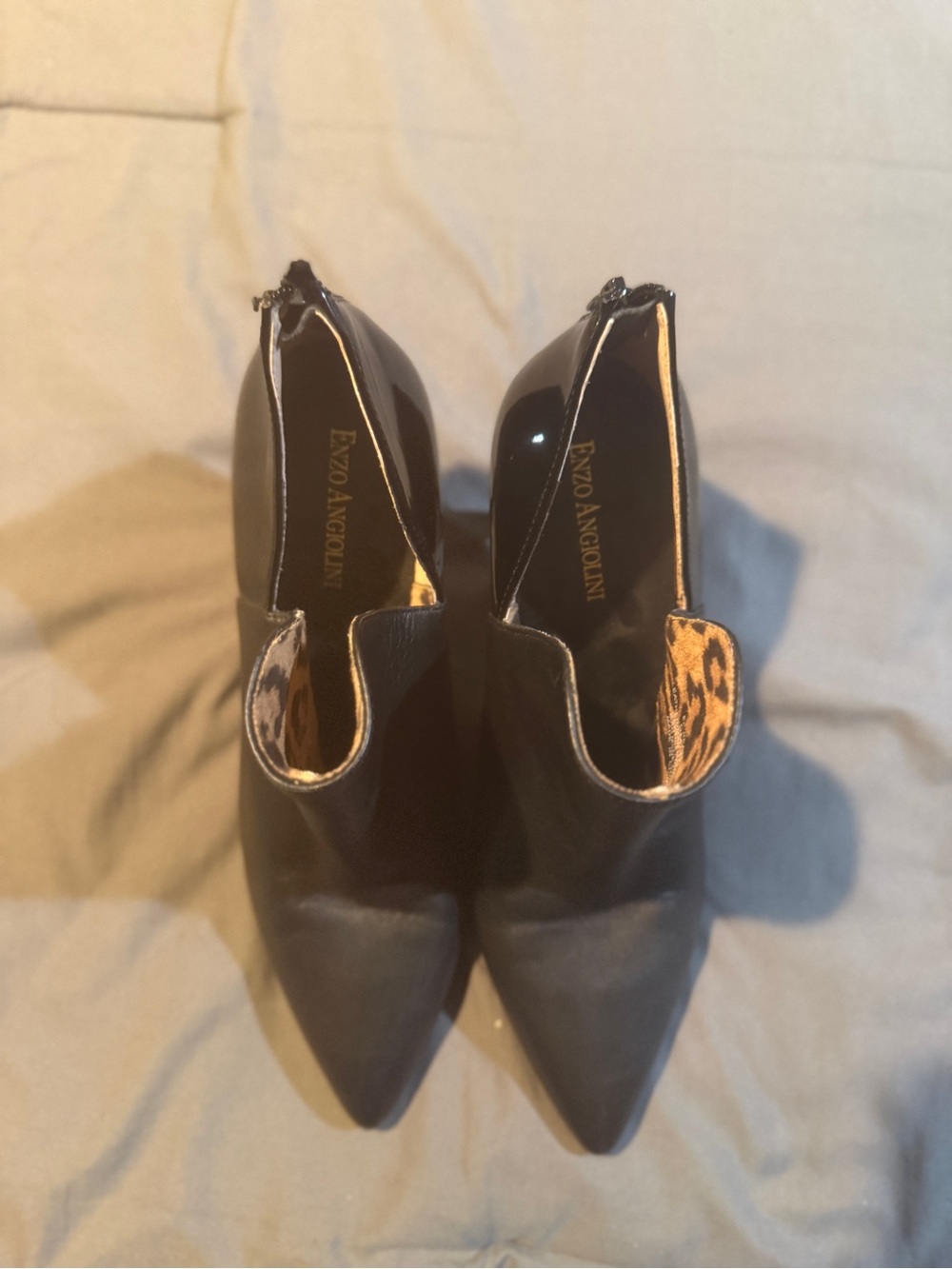 Enzo Angiolini Black Patent Pointed Ankle Booties with Leopard Trim